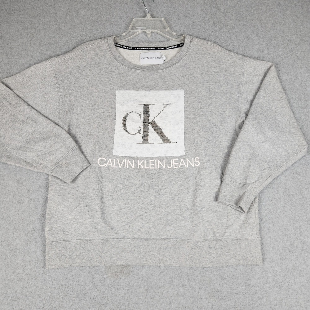 Calvin Klein Sweatshirt‎ Womens Large Gray Logo Graphic Fleece Crewneck Pullover